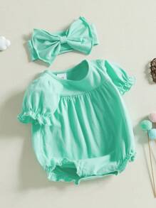 Conjunto de verano para niña, mono de color liso con cuello redondo y mangas cortas abullonadas y diadema, ropa para recién nacida - Verde - Ver 5