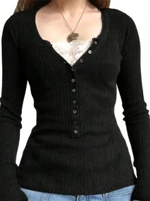 Women Y2k Button Front Knit Tops Long Sleeve Lace Patchwork Slim Fit Blouse Tops Fairy Grunge T-Shirts Streetwear Aesthetic Clothes Fall Spring Streetwear 2000s - 黑色 - 查看 1