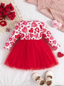 Baby Girls' Valentine's Day Cap Sleeve Ruffle Princess Dress, With Heart Print, Rib Knit Top Mesh Dress With Bowknot Waist, Spring/Autumn - Red - View 2