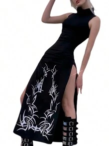 Womens Summer Sleeveless Long Dress Vintage Printing High Collar Slim Fit Split Dress - Negro - Ver 1