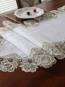 1PC White And Two Color Peony Flower Lace Table Runner, Table Runner, Decorative Tablecloth For Dining Table, Desk, Coffee Table, Dresser, Interior Decoration, Seasonal Decoration, Home, Party, Wedding, Outdoor Furniture - White - View 5