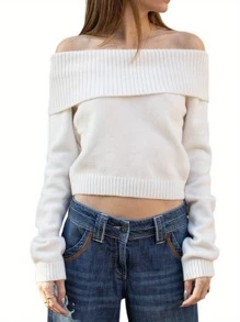 Womens Off Shoulder Sweater Slim Solid Fold Over Long Sleeve Crop Knit Tops Casual Fall Streetwear