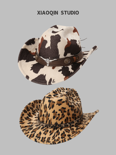 1pc Women Retro American Style Cowprint Faux Leather Decor Cowgirl Hat, Jazz Cap Suitable For Western Cowboy Style, Suitable For Daily Wear, Outdoor, All Season