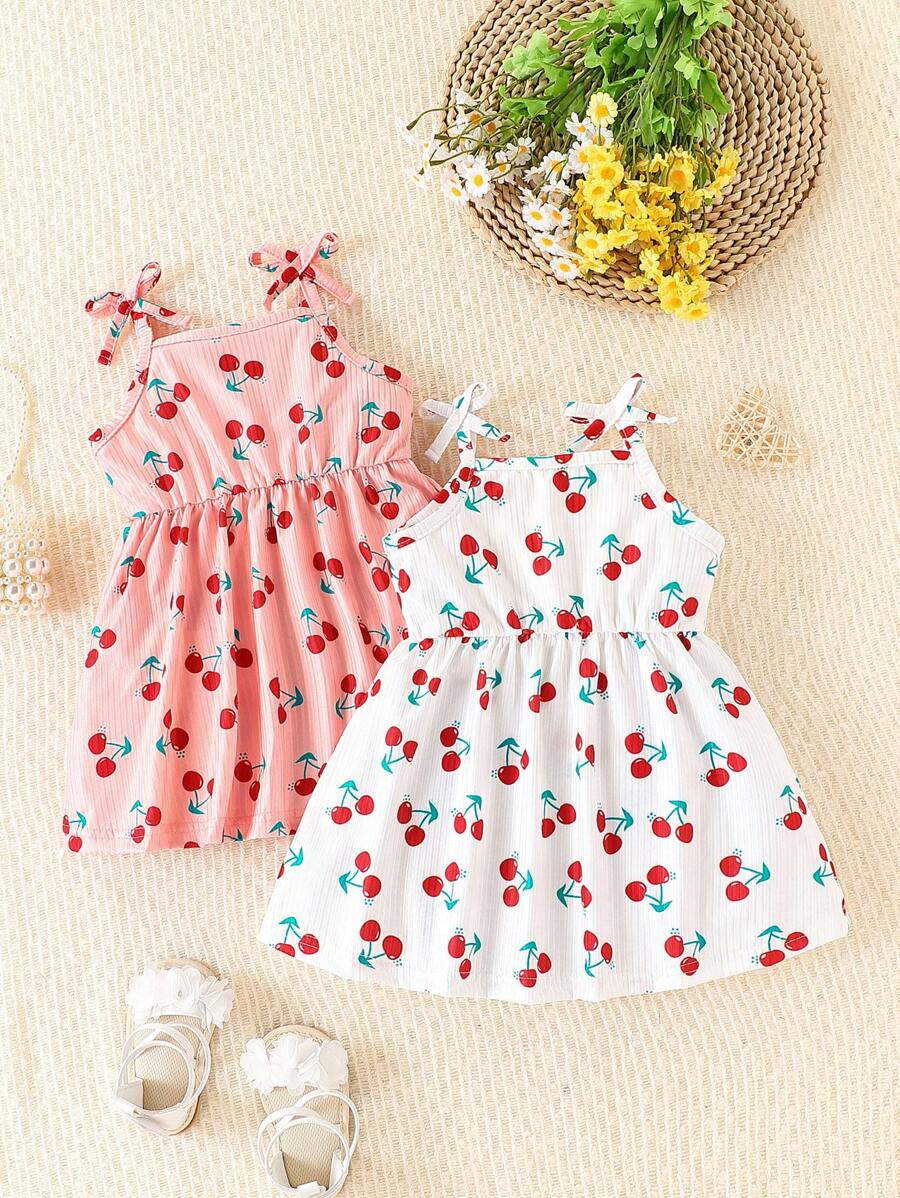 2 件套女婴可爱水果和樱桃印花束腰连衣裙套装，休闲日常和旅行装，夏季 - 粉色 - 查看 1