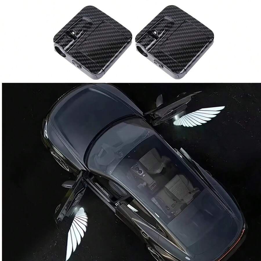 Wireless Angel Wing Car Door Projection Lamp - High-Definition, Battery-Powered, Carbon Fiber Design With Smart Sensor,Battery Inculded - Black - View 1