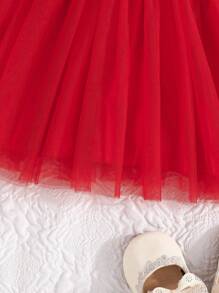 Baby Girls' Valentine's Day Cap Sleeve Ruffle Princess Dress, With Heart Print, Rib Knit Top Mesh Dress With Bowknot Waist, Spring/Autumn - Red - View 7