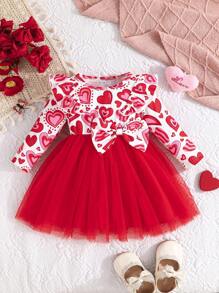 Baby Girls' Valentine's Day Cap Sleeve Ruffle Princess Dress, With Heart Print, Rib Knit Top Mesh Dress With Bowknot Waist, Spring/Autumn - Red - View 1