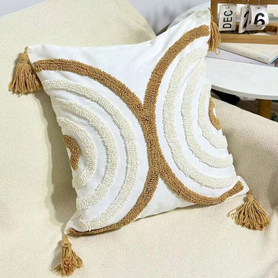 Fronha decorativa bordada estilo boêmio 3D borla, capa de almofada decorativa com padrão geométrico - Branco - Ver 1