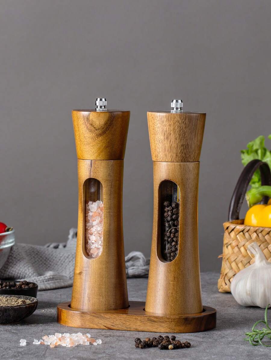 1 件/2 件/3 件/4 件红木胡椒研磨器，厨房透明亚克力香料研磨器，适用于胡椒、海盐、黑胡椒，带陶瓷芯 - 棕色 - 查看 1