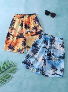 2 pièces/set Short décontracté ample avec imprimé palmier pour garçons plus âgés, style vacances d'été