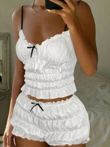 2 件/套夏季度假休闲海滩白色撞色蝴蝶结泡泡纹理 V 领露背上衣搭配松紧腰短裤 - 白色 - 查看 3