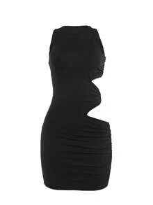 女士纯色圆领无袖修身性感镂空包臀裙