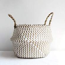 Cestas de almacenamiento de mimbre a rayas de decoración boho, cesta de lavandería plegable hecha a mano, maceta de jardín de flores de algas marinas y flores - blanco y marrón - Ver 1