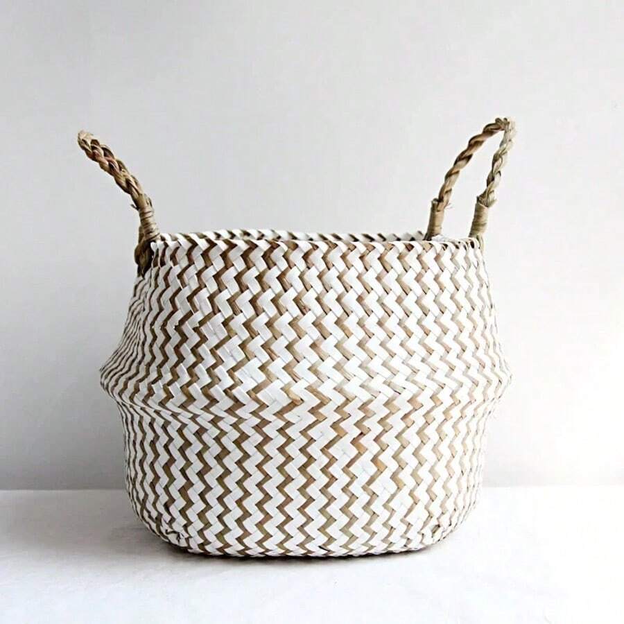 Cestas de almacenamiento de mimbre a rayas de decoración boho, cesta de lavandería plegable hecha a mano, maceta de jardín de flores de algas marinas y flores - blanco y marrón - Ver 1