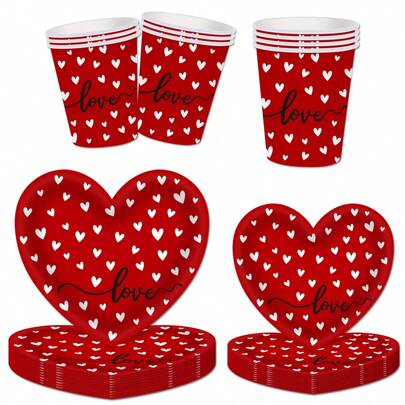 10/20/30/60 piezas, Juego de vajilla de San Valentín con corazones rojos y blancos - Platos con forma de corazón y vasos desechables con fuente de amor en negro, resistentes a fugas, para cena romántica de parejas, fiesta del Día de San Valentín, fiesta de chicas, despedida de soltera. Platos de papel con forma de corazón de 7 y 9 pulgadas y vasos de 9 onzas para decoración del Día de San Valentín, decoraciones del Día de San Valentín, suministros para fiestas del Día de San Valentín, decoración de mesa del Día de San Valentín