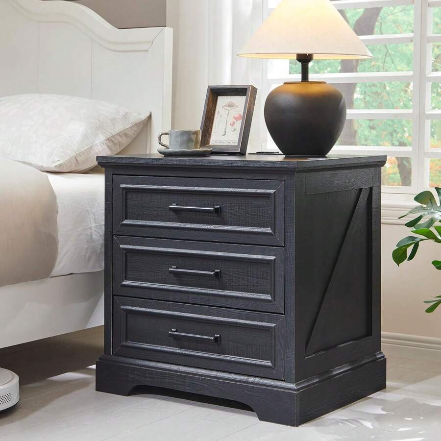 JXQTLINGMU Farmhouse Nightstand With Charging Station, 24" Wide Side Table With 3 Large Drawers & Bar Handles - Rustic Wood Small Dresser Chest Of Drawers For Bedroom, Living Room, Or As A Christmas Gift - Black - View 1