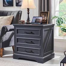 JXQTLINGMU Farmhouse Nightstand With Charging Station, 24" Wide Side Table With 3 Large Drawers & Bar Handles - Rustic Wood Small Dresser Chest Of Drawers For Bedroom, Living Room, Or As A Christmas Gift - Black - View 2