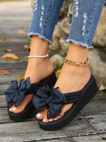1 双女士厚底蝴蝶结人字拖，时尚高跟夏季拖鞋 - 藏蓝色 - 查看 11