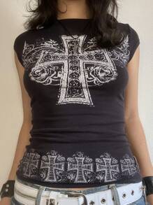 Womens E-Girls Short Sleeve Crop Top Fairy Grunge Graphic Cross Print T-Shirts Gothic Basic Tee Y2K Aesthetic Tops Streetwear - màu đen - Xem 3