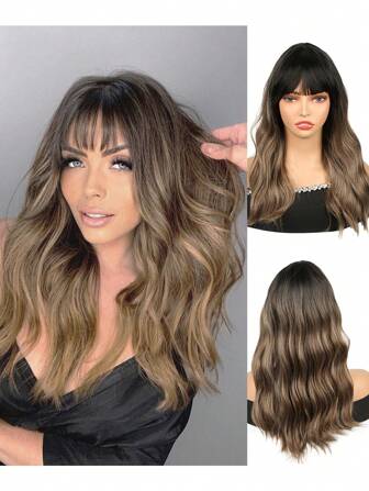 18 Inch Synthetic Heat Resistant Medium-Length Woven Wigs With Bangs Water Wave Curly Wave Wigs Black To Brown Hair Wigs For Women And Girls Daily Holidays Party And Christmas Music Festival Carnaval New Year Gifts Used