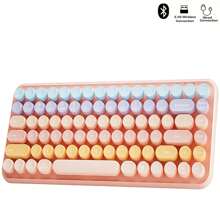 BOW Ergonomic Rechargeable Wireless Keyboard Bluetooth5.1 Tri-Modes Wireless Keyboard 85 Keys Retro Round Keycaps Wireless Keyboard For Win7/8/10/Android/IOS-Pink - Pink - View 1