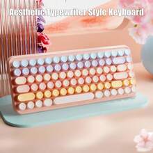BOW Ergonomic Rechargeable Wireless Keyboard Bluetooth5.1 Tri-Modes Wireless Keyboard 85 Keys Retro Round Keycaps Wireless Keyboard For Win7/8/10/Android/IOS-Pink - Pink - View 2