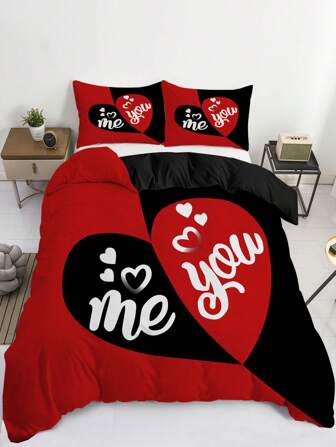 3pcs Heart Duvet Cover Set - Black And Red Design For Bedroom, Guest Room- Includes 1 Duvet Cover And 2 Pillowcase - Core Not Included
