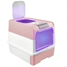 Bac à Litière pour Chat, Maison de Toilette pour Chat Fermé, Stérilisation et Désodorisation aux Ultraviolets, Rose/Noir/Gris