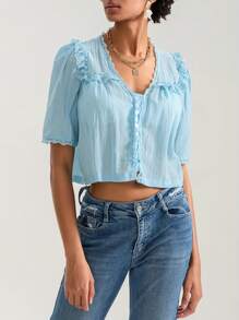 Women Short Sleeve Shirts Lace Ruffles Buttons Blouses Summer Loose Casual Tops - 藍色 - 查看 3