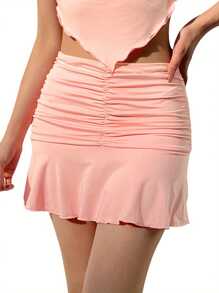 Female Mini Skirt, Solid Color High Waist Pleated Skirt Ruffled Short Dress For Summer, Pink/Purple/Blue, S/M/L - 粉色 - 查看 3