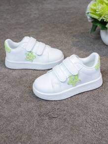 1 Pair Kids Unisex Casual Hook And Loop Breathable White Shoes With Star, Glitter & Patchwork Decor, Fashion Sneakers For School, Students, Toddlers