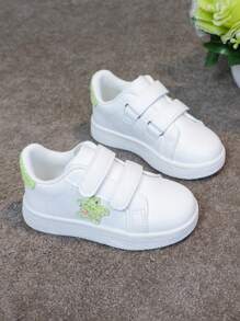 1 Pair Kids Unisex Casual Hook And Loop Breathable White Shoes With Star, Glitter & Patchwork Decor, Fashion Sneakers For School, Students, Toddlers