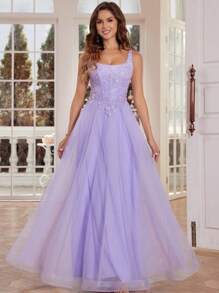 Rochie de bal strălucitoare cu fluture, din dantelă, lungă, cu decolteu pătrat, cu șiret, spate decoltată, linie A-line, pentru bal, petrecere, formală, de seară, pentru invitații la nuntă - Mov Mov - Vizualizare 4