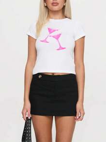 Women Cute Crop T-Shirts Casual Summer Cocktail Glass Print Basic Short Sleeve Tops For Streetwear Aesthetic Clothes - trắng - Xem 2