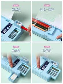 1个多功能塑料学生铅笔盒,双面带磁铁,包含卷笔刀、笔插、橡皮擦隔层、计算器、课程表、可书写姓名栏,铅笔袋,书包,文具 - 彩色 - 查看 6