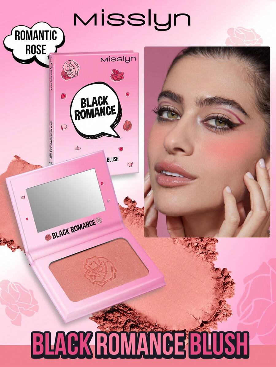 Misslyn 黑色浪漫腮红，闪光粉腮红，持久，丝滑质地，高色素，腮红，轻盈，闪光哑光或闪光效果，易于混合，轻松发光和无缝混合，自然外观，略带闪光的玫瑰粉色，玫瑰粉色，轮廓化妆盘腮红，纯素，无残忍 - Romantic Roses - 查看 1