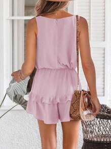 Womens V Neck Beach Tank Rompers Flowy Ruffle Layered Shorts Jumpsuit High Waist - 粉色 - 查看 2