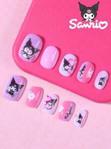 Sanrio 24 pièces Ongles carrés courts de Kuromi Sanrio. Faux ongles Sanrio Kuromi mignons à presser. Ensemble de faux ongles pour enfants. Ongles Hello chat pour enfants et filles pour un usage quotidien