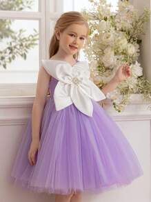年轻女孩优雅珍珠串珠薄纱公主裙，适合花童礼服、生日派对、宴会、化装舞会、节日庆典、正式场合 - 淡紫色 - 查看 1