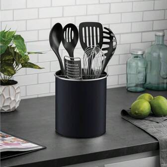 Stainless Steel Rotating Utensil Organizer With Weighted Base - Removable Divider, For Kitchen Countertop