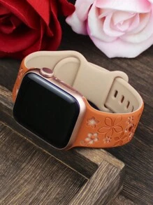 花卉雕花表带，兼容 表带 41 毫米 40 毫米 44 毫米 45 毫米 42 毫米 38 毫米 49 毫米 46 毫米，可爱花朵，柔软硅胶运动表带，兼容 Series 11 10 Se 9 8 7 6 5 4 3 Ultra，女士时尚花卉元素表带 - 棕色配奶茶色花 - 查看 6