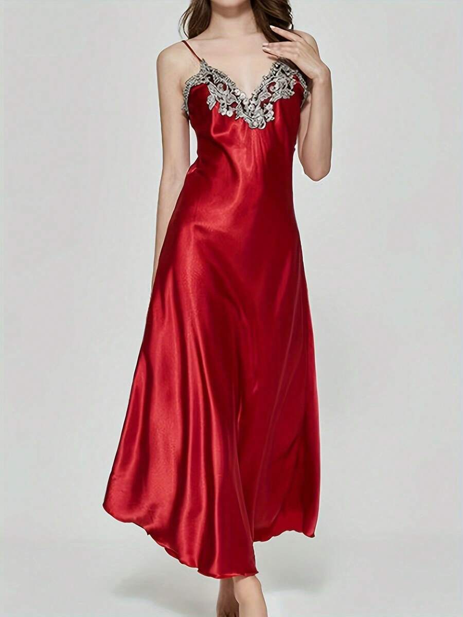 Women Satin Long Nightgowns Silk Lace Sexy Lingerie Sleeveless Deep V Nightdress Sleepwear - Red - View 1