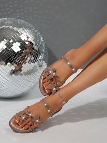 Summer New Crystal Embellished Strap Flat Sandals With Strappy Crossing Design, Fashionable & Suitable For Vacation - Champagne - View 7