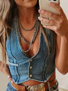 Women's Summer Denim Tank Tops Solid Color Sleeveless V-Neck Button Front Slim Vest Fashion Waistcoat - 深藍色 - 查看 8