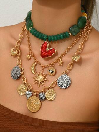 Exaggerated Sexy Red Drip Oil Big Heart, Green Resin Beaded, Antique Silver & Golden Heart Box, Vintage Coin, Rose Flower Pattern, Rhinestone Star Moon, Leather Strap Bowknot, Faux Amber Beads, Multi-Layer Women's Jewelry Necklace With Various Charms, Suitable For Parties, Weddings, Holidays And Other Special Occasions To Showcase Feminine Style And Charm
