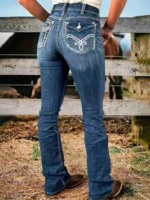 Vintage Chic High-Waisted Skinny Jeans For Women - Ultra-Comfortable, Stretchy, And Non-See-Through Denim With Elegant Prickly Details, Perfect For Casual Attire, Classic Blue, Mid-Rise, Button Closure, All-Seasons, And Timeless Style - Màu xanh hải quân - Xem 4