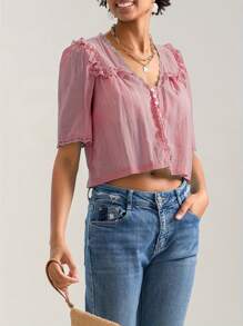 Women Short Sleeve Shirts Lace Ruffles Buttons Blouses Summer Loose Casual Tops - Dusty Pink - View 4