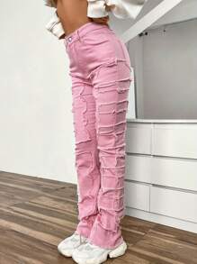 Women's Spring Autumn Denim Pants Solid Color Mid Rise Slim Fit Straight Leg Patch Jeans