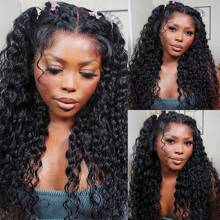 CUEKI 13X4 蕾丝前假发卷发假发透明蕾丝水波人发预拔自然发际线人发假发女士 150% 密度 34 英寸自然黑色 - 自然色&黑色系 - 查看 4