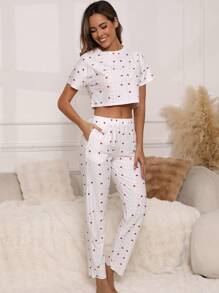 女士夏季情人节礼物镂空提花甜心印花短袖睡衣套装带口袋，舒适休闲两件套，春夏